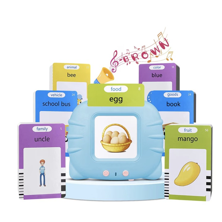 Jucarie educativa Montessori, Set masina de invatare cu cititor de carduri flash, 224 de cuvinte, Albastru