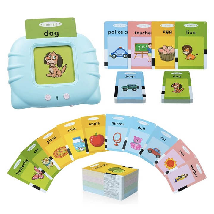 Set masina de invatare a cititor de carduri, jucarie educativa pentru copii, 112 bucati carduri flash 224 de cuvinte, 2 ani+, Albastru