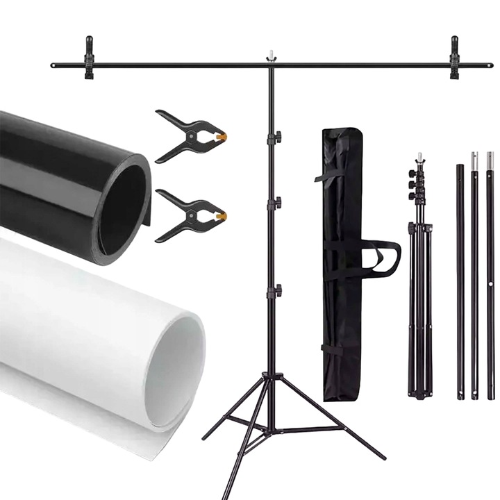 Háromlábú állvány szett fotós háttérhez, GearPro, 1,5x2 m, 3 háttér számára 1x2 m, alumínium/PVC, fehér/fekete/zöld