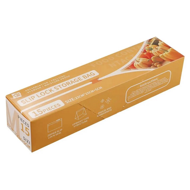 Set 15 pungi ziplock, WTO®, pentru alimente, 1200 ml, transparente, 23 x 15 x 5 cm