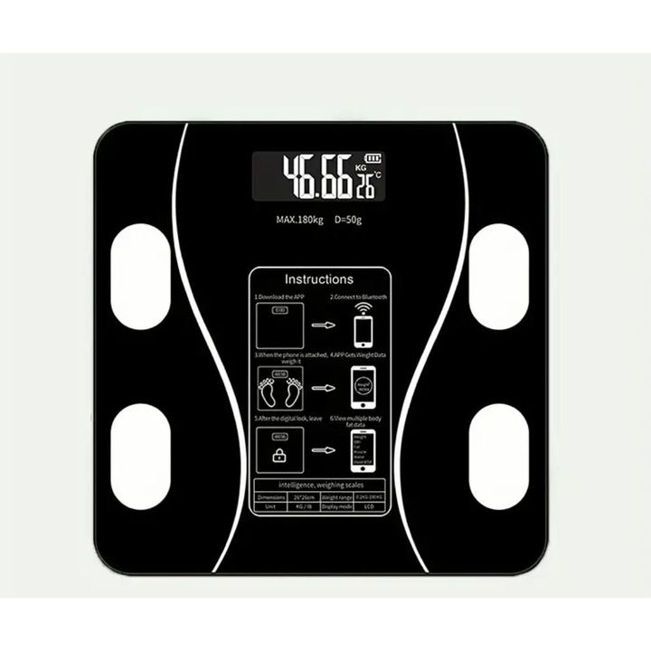 Кантар за баня, дигитален дисплей, анализ на данни/мониторинг на 8 параметъра на тялото, вграден bluetooth съвместим с приложение за мониторинг/, индекси за измерване на температурата, капацитет до 180 кг, 26x26x2.2cm/неплъзгащи се подметки