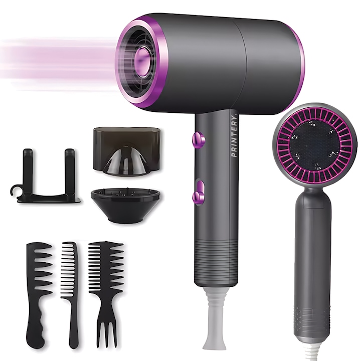 Serenity® Professzionális Hajszárító, Gyorsan száradó, Erőteljes levegő, Csendes, 6 tartozék, 2 sebesség és 3 hőmérsékleti fokozat, kerámiamag, negatív ionok, 2000 W, 110 000 fordulat/perc, szürke és rózsaszín, a NYOMTATÓtól