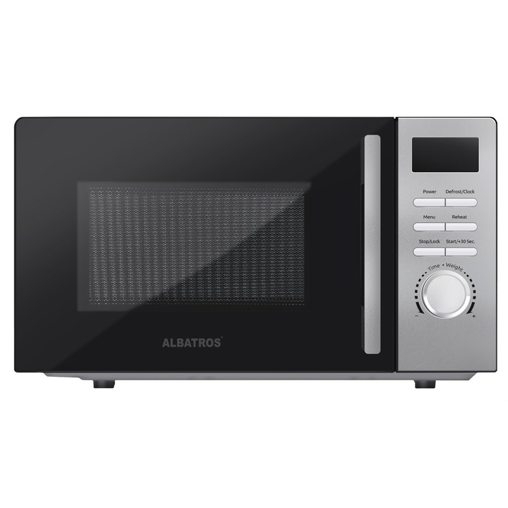 Cuptor cu microunde Albatros MWA-20D4B, 20 L, 700 W, 5 Nivele de putere, 8 Programe de preparare, Dezghetare, Digital, Negru/ Argintiu