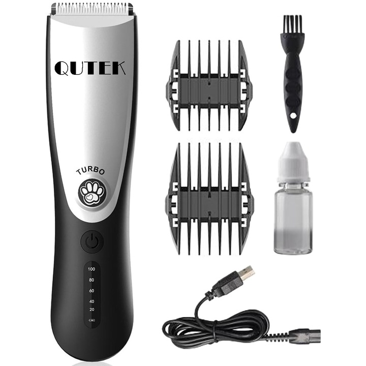 Masina de tuns animale, QUTEK®, pentru caini, pisici, Lama ceramica 29 dinti, Display LED, Acumulator 2000mAh, Incarcare USB, 2 viteze, 7000RPM, Silentioasa, Fara fir, Neagra