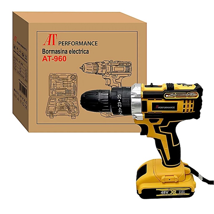 Trusa Bormasina cu Acumulator AT PERFORMANCE® 48V, 2 Baterii 5.0Ah, 2 Viteze, 42Nm, 30 Accesorii, Mandrina 13mm, Cutie Transport