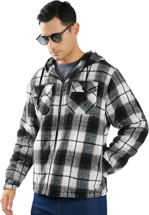 Jacheta tip camasa pentru barbati, SwissWell, model in carouri, cu gluga, blana pe interior, marimea 2XL, Alb/ Negru