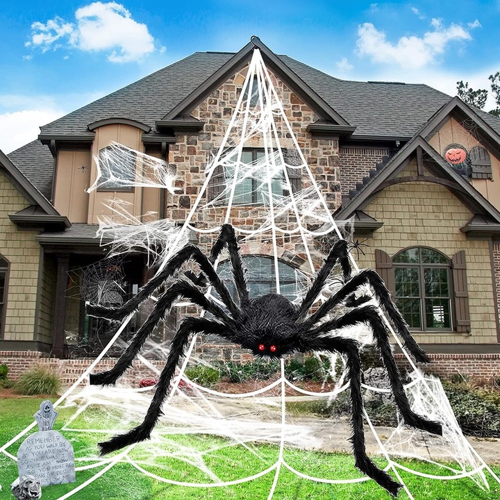 Halloween dekorációs készlet, QttvbTna, 5 méter, 20 kis pók/1 nagy pók/háló, fehér/fekete