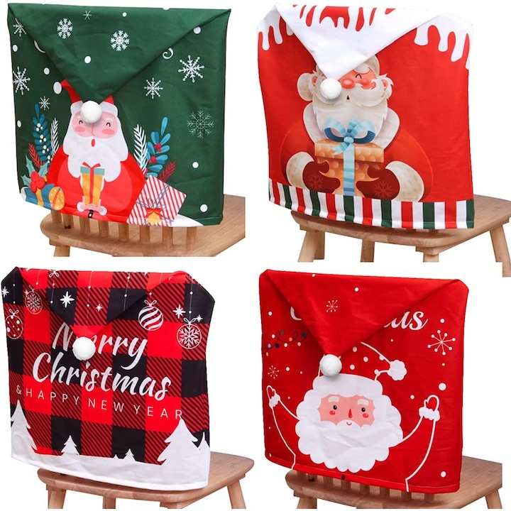 Set 4 huse scaun Craciun, motive festive, multicolor, lavabile, 60x50 cm