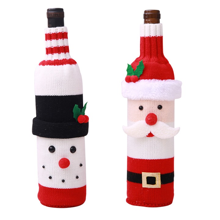 Set 2 Huse pentru Sticla de Vin, Mos Craciun si Om de Zapada, Rosu cu Alb, 12x28 cm