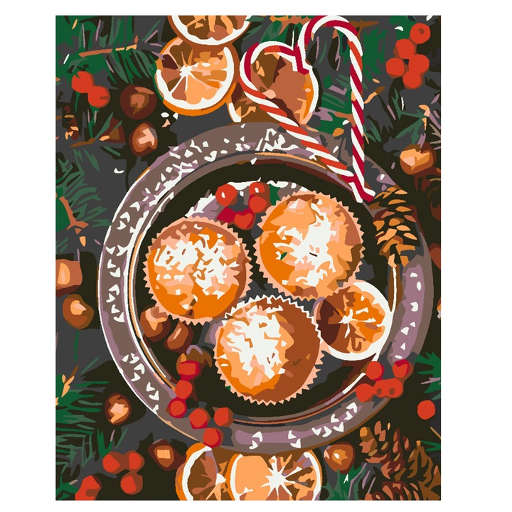 Set pictura pe numere Biscuiti de Craciun 4592, panza bumbac pe rama lemn, 40x50 cm, tablou cu schita, 3 pensule si vopsea acrilica