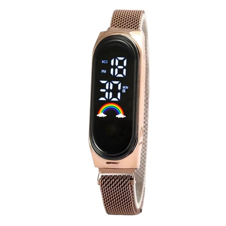 Ceas pentru copii M7, LED, Curea din silicon, Aur roz