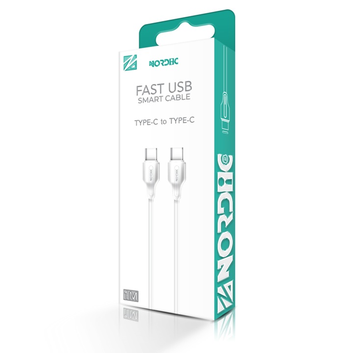 Кабел за данни NORDIC Type-C към Type-C, 65W, 1m, бял