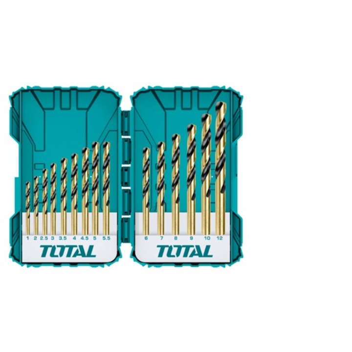 Set de burghie, Total, tija cilindrica, HSS, cutie PVC, 15 bucati, O 1 - O 12
