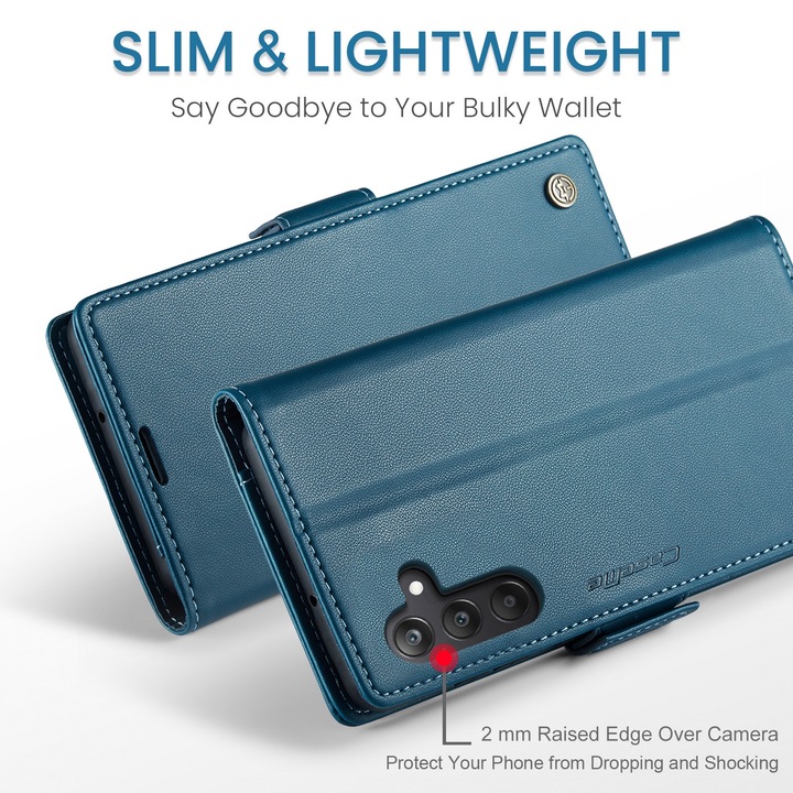 Калъф за Samsung Galaxy A15, A15 5G, CaseMe, slim кожен, тип портфейл, стойка, магнитно предпазно закопчване, мека текстура и захващане в ръката, RFID защита, Син
