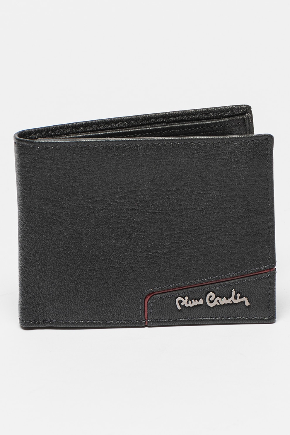 Pierre Cardin, Portofel pliabil din piele cu logo metalic, Negru, Rosu inchis
