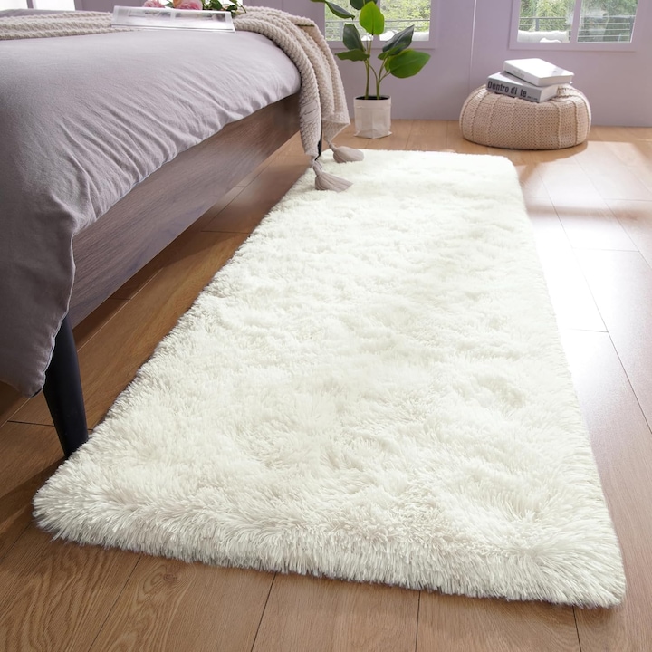 Covor moale de plus, Flyme, Par lung, 80x120 cm, Alb crem, Poliester
