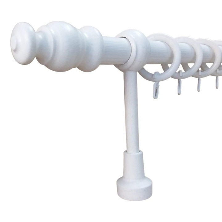 Galerie din lemn strunjit pentru perdele/draperii, Model Roma, 240 cm, toate accesoriile incluse, Culoare ALB