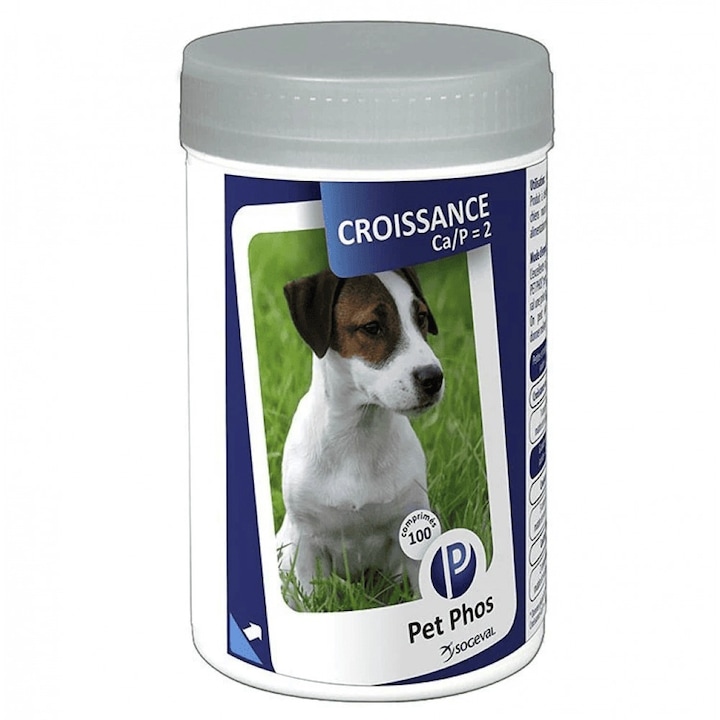 Supliment nutritiv pentru caini Pet Phos Croissance Ca/P=2, 100 tablete