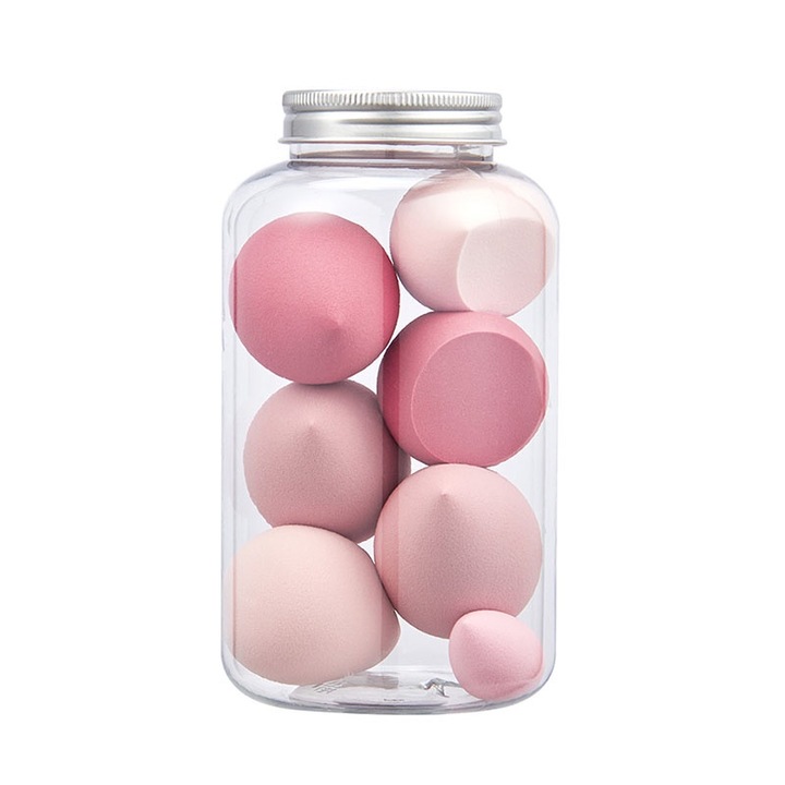 Set 7 Bureti Machiaj, NAXSIR, cutie pentru transport si depozitare tip cofrag, pentru aplicarea machiajului tip fondului de ten, utilizare umeda si uscata, roz