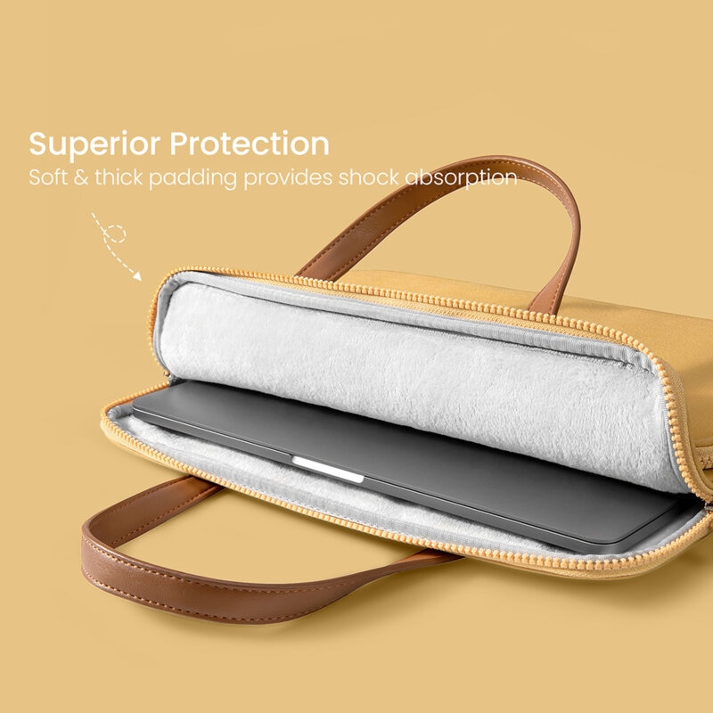 Geanta pentru laptop, waterproof, intarita la colturi, 4 compartimente, protectie 360°, diagonala maxima 14", nailon si piele ecologica, Galben