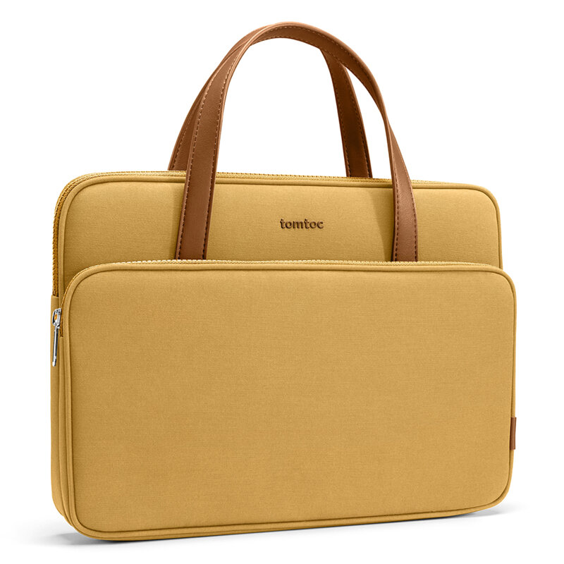 Geanta pentru laptop, waterproof, intarita la colturi, 4 compartimente, protectie 360°, diagonala maxima 14", nailon si piele ecologica, Galben