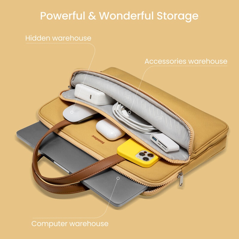 Geanta pentru laptop, waterproof, intarita la colturi, 4 compartimente, protectie 360°, diagonala maxima 14", nailon si piele ecologica, Galben