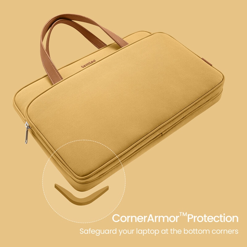 Geanta pentru laptop, waterproof, intarita la colturi, 4 compartimente, protectie 360°, diagonala maxima 14", nailon si piele ecologica, Galben