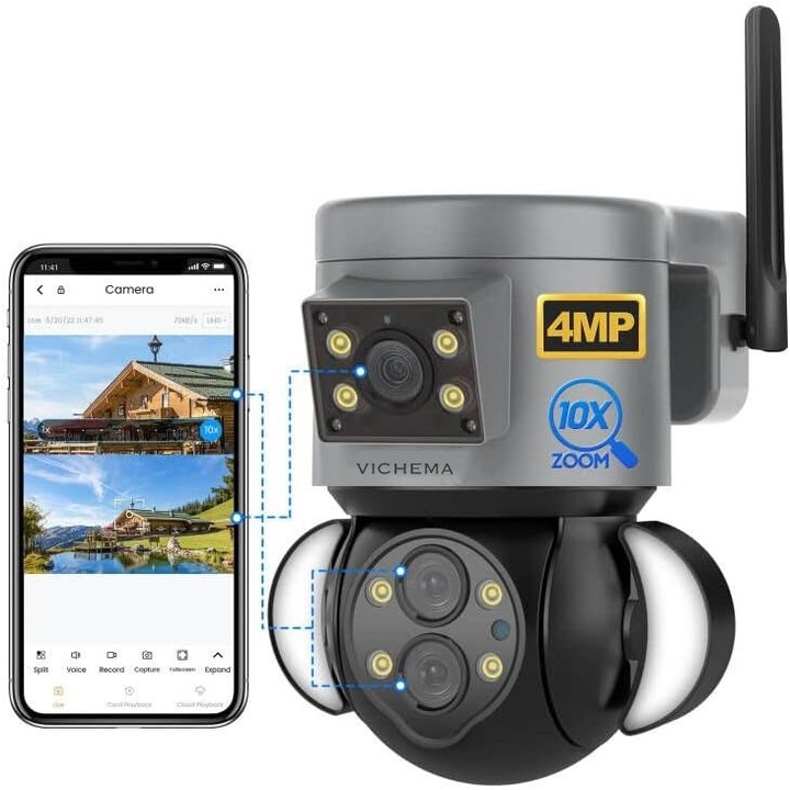 Camera Securitate Wireless Secure Cam ProGuard Vichema, 4MP Super HD, Zoom Optic 10X, Monitorizare Avansata, Miscare si Audio Bidirectional, Viziune Nocturna Color, IP65, Gri