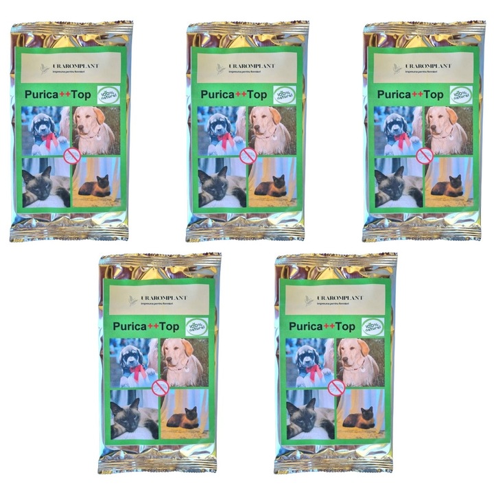 Solutie anti purici, Bio, natural, repelent, organic 100%, pentru caini si pisici, Purica++ Top, 255g, 5 buc