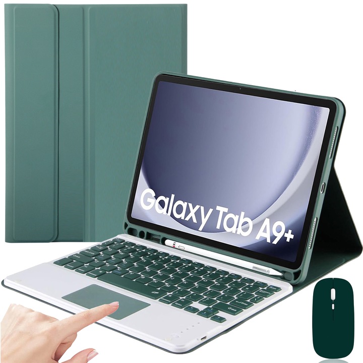 Husa Cu Tastatura Touchpad Pentru Samsung Galaxy Tab A9 Plus 11", Fara fir, Bluetooth, Iluminare De Fundal in 7 Culori, Cu Stilou, Mouse, Membrana Din Silicon Pentru Tastatura, Verde Inchis