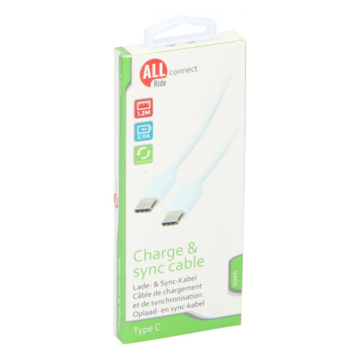 Töltőkábel usb C-től usb C-ig, 1,2 m, 2Ah, All Ride