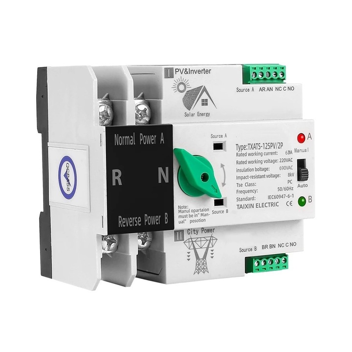 Mонофазен превключвател, E-ETOP, ETXATS-63PV-2P, УМ ШАЛТЕР, автоматичен, 2P, 63A, соларни системи, бял
