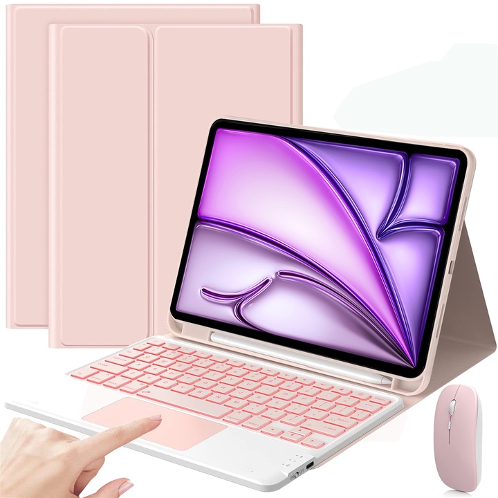 Husa Cu Tastatura Touchpad Pentru iPad Air 11 inch (M2, 2024/M3 2025) si Air 4/5 Gen., Fara fir, Bluetooth, Iluminare De Fundal in 7 Culori, Cu Stilou, Mouse, Membrana Din Silicon Pentru Tastatura, Roz