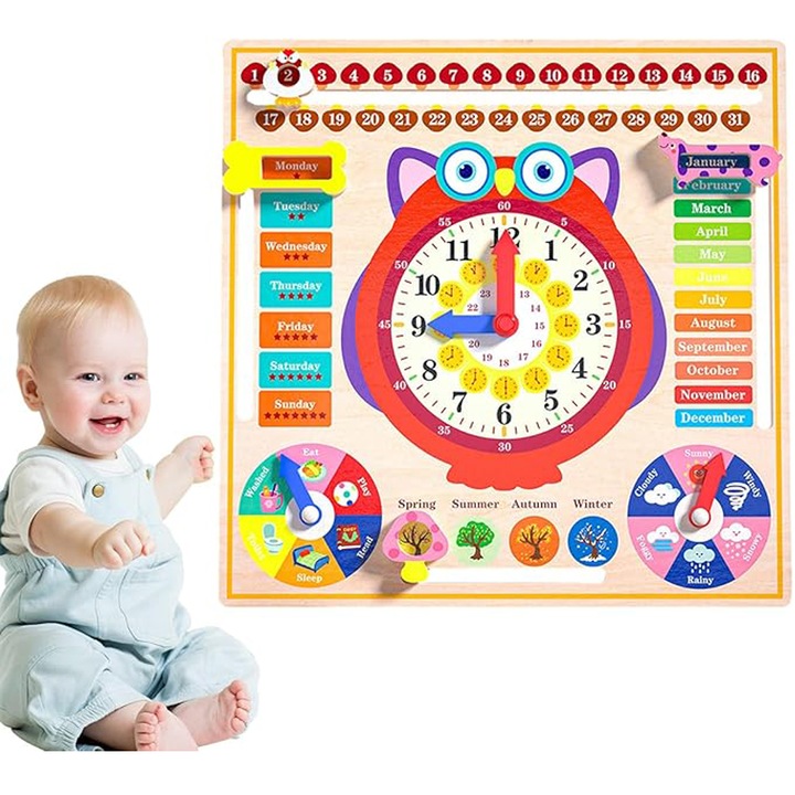 Calendar educativ cu ceas, BOMSTOM, cu ceas, vreme, anotimpuri, zile ale saptamanii, din lemn, magnetic, imbunatateste cognitia copiilor, de la 3 ani in sus, multicolor，30*30*2 cm