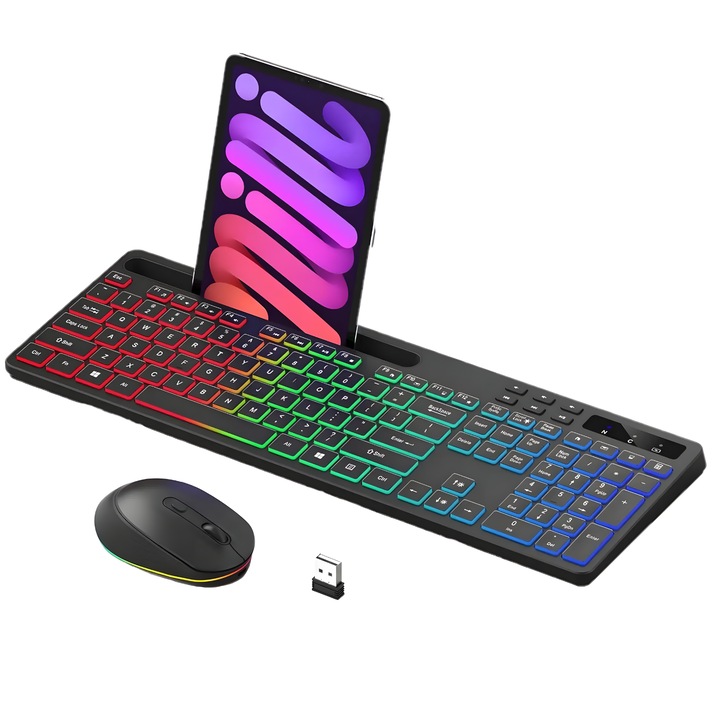 2,4 GHz комплект безжична клавиатура и мишка, SELERIS ®, регулируема RGB светлина, държач за телефон/таблет, един приемник, акумулаторна/USB - C / 1500mAh и 800mAh, мишка 1600 DPI, 115 клавиша, черен