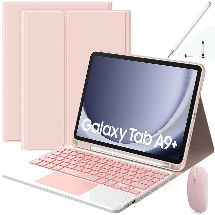 Husa Cu Tastatura Touchpad Pentru Samsung Galaxy Tab A9 Plus 11", Fara fir, Bluetooth, Iluminare De Fundal in 7 Culori, Cu Stilou, Mouse, Membrana Din Silicon Pentru Tastatura, Roz