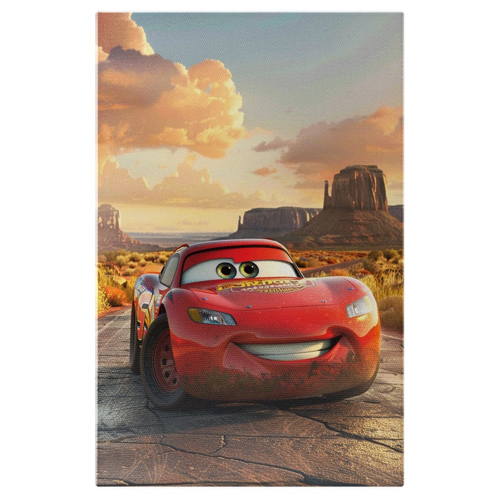 Tablou Canvas Fulger Mcqueen Masinuta Disney Rosie cu Ochii Verzi si Zambetul Larg pe Strada Pustie, Pictura Digitala 90x60CM