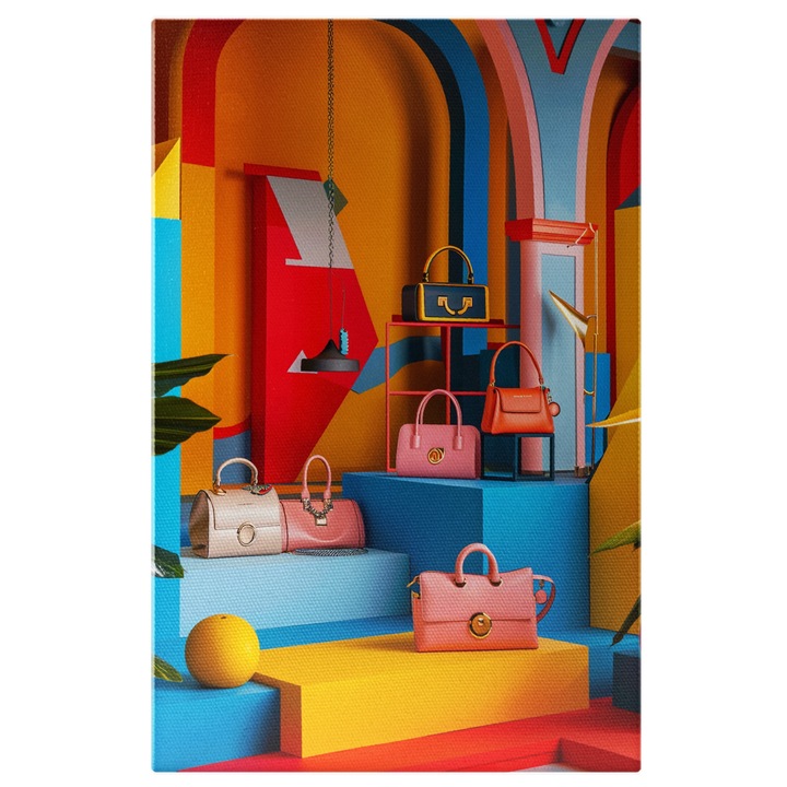 Tablou Canvas Magazin de Posete de Lux cu Diverse Culori Asezate pe Rafturile Colorate, Expensive Bags, Pictura Digitala 90x60CM