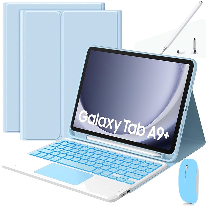 Калъф с клавиатура, Съвместим с Samsung Galaxy Tab A9 Plus 11", безжичен, Bluetooth, 7 цвята подсветка, с писалка, мишка, силиконова мембрана на клавиатурата, син