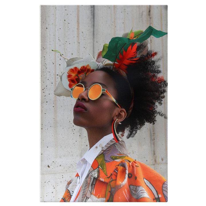 Tablou Canvas Dama Creola cu Parul Brunet Prins de o Bentita cu Ochelari in Camasa Alba si Bluza Colorata, Pictura Digitala 100x70CM