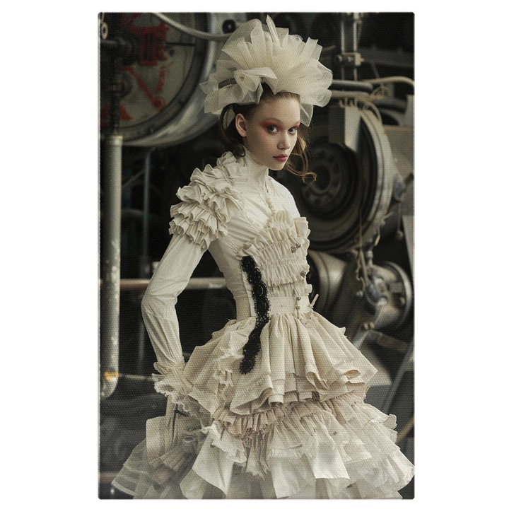 Tablou Canvas Fetita Draguta in Camera de Confectionat in Rochie Alba cu Dantela Neagra cu Ochii Fardati, Pictura Digitala 100x70CM