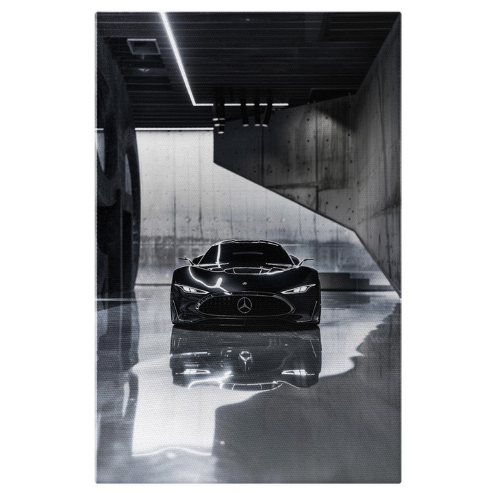 Tablou Canvas Masina de Lux Mercedes Stralucitoare cu Farurile Puternice Aprinse Puternice in Camera Intunecata, Pictura Digitala 40x25CM