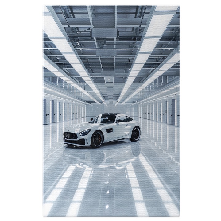 Tablou Canvas Mercedes AMG GT Masina de Culoare Alba Lucioasa Parcata intr-o Camera Luminoasa, Pictura Digitala 40x25CM
