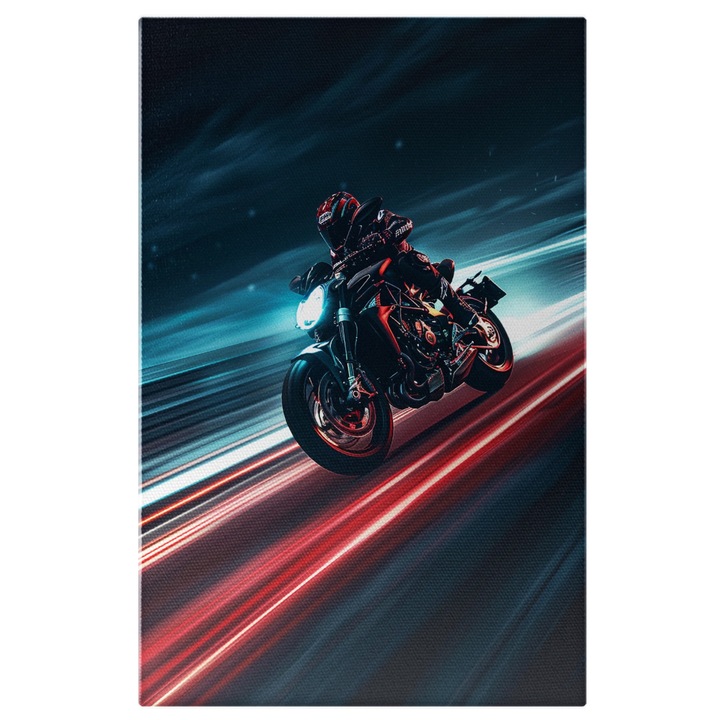 Tablou Canvas Motociclist care Conduce cu Viteza Luminii in Noapte pe o Strada Linistita, Speed of Light, Pictura Digitala 40x25CM