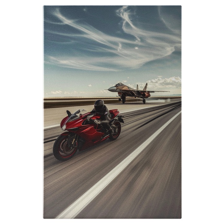 Tablou Canvas Barbat Motociclist in Negru pe Motocicleta Rosie cu Viteza pe o Pista de Avioane care Decoleaza, Pictura Digitala 40x25CM