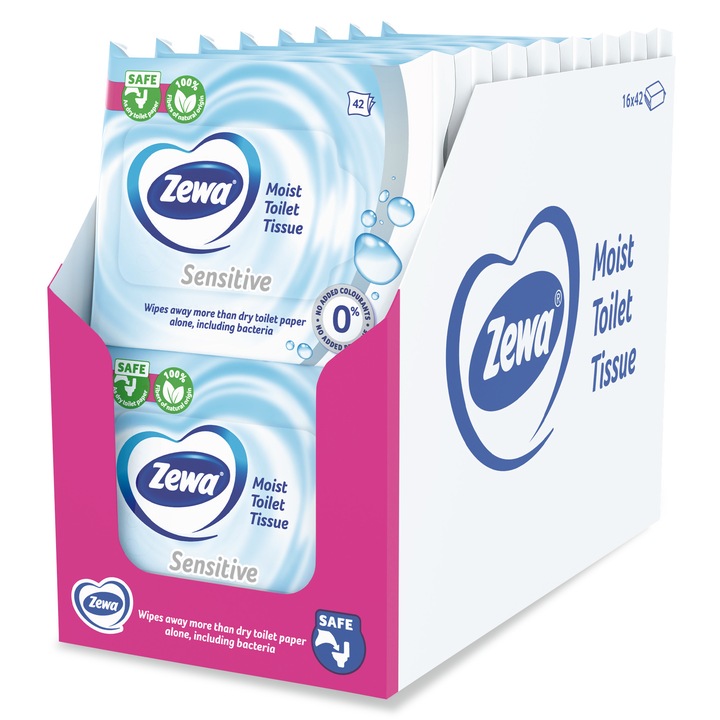 Мокра тоалетна хартия Zewa Sensitive, 42 броя, 16 опаковки