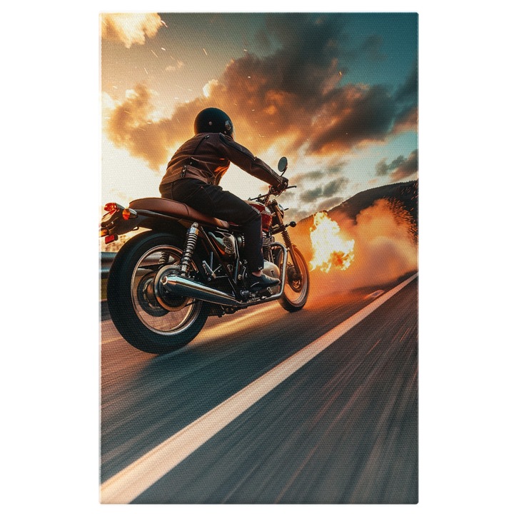 Tablou Canvas Strada de Foc pe care Circula un Barbat pe Motocicleta cu Viteza pentru a Ocoli Focul, Pictura Digitala 60x40CM