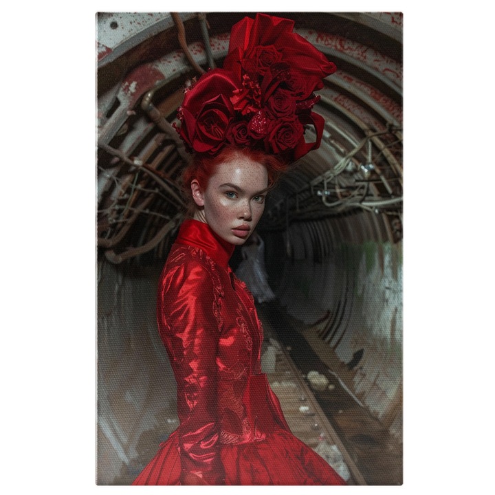 Tablou Canvas Roscata in Rochie Rosie si Palarie cu Ochii Verzi si Pistrui la o Prezentare de Moda prin Tunel, Pictura Digitala 60x40CM