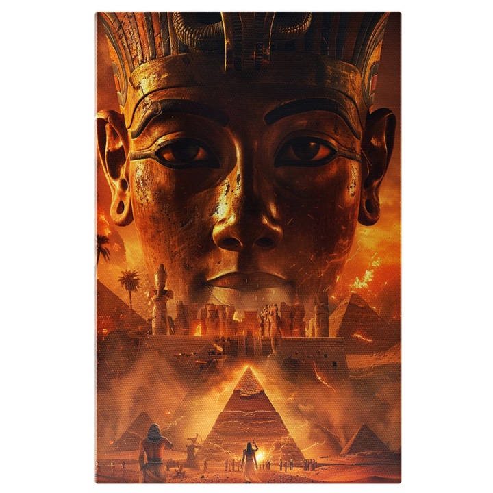 Tablou Canvas Piramidele din Egipt cu Torte Aprinse Peste care apare Chipul Kleopatrei Coducatoarea Egiptului, Pictura Digitala 70x50CM