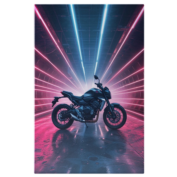 Tablou Canvas Camera cu Lumini Roz in care sta Motocicleta Neagra, Garajul unui Pasionat de Motociclete, Pictura Digitala 100x70CM